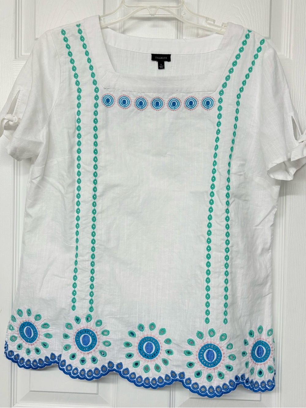 Talbots White Embroidered and Eyelet Tunic Top Scalloped Trim Linen Blend Sz L